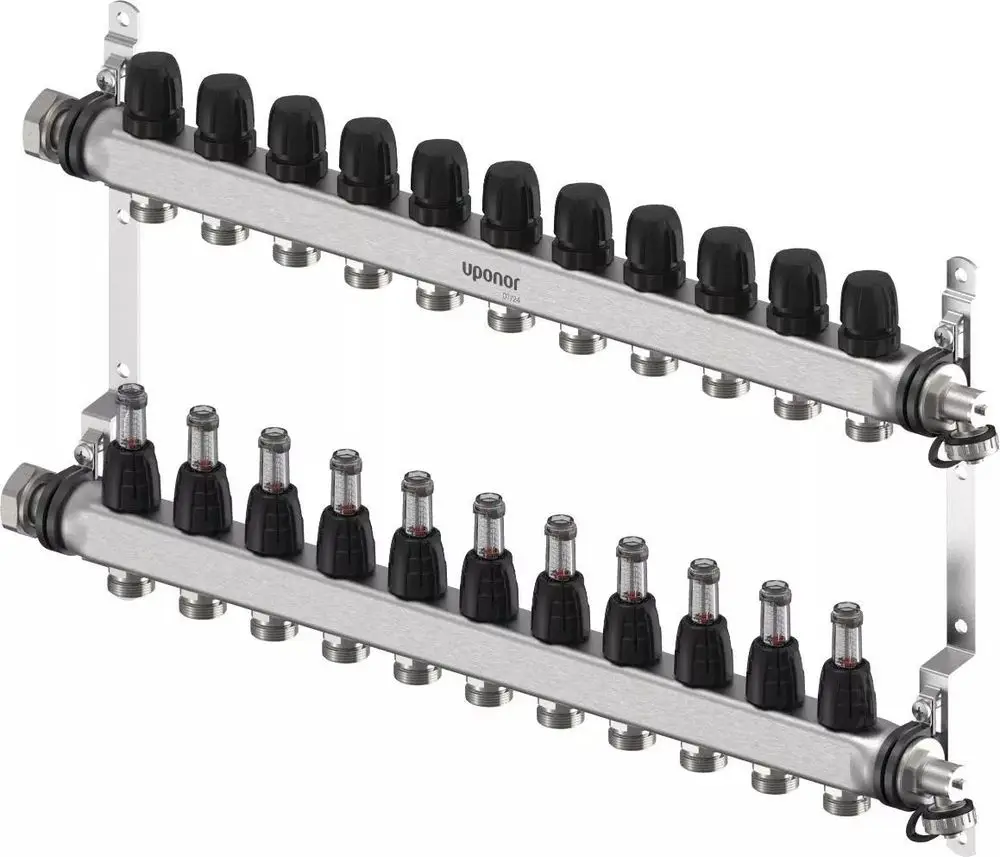Verteiler von Uponor mit mehreren Anschlüssen, bestehend aus zwei Reihen mit schwarzen Ventiloberteilen auf einem stabilen Rahmen, geeignet für Heizungsinstallationen.